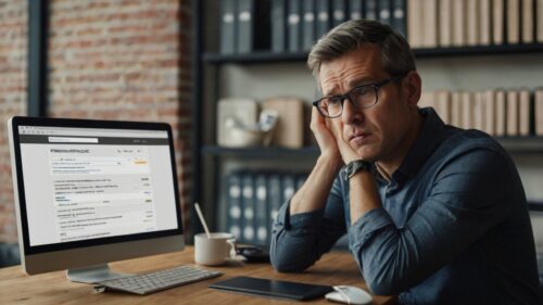 A frustrated business owner stares at a computer screen showing a website analytics report with zero visitors and warning signs like ‘Slow Website’ and ‘No SEO.’