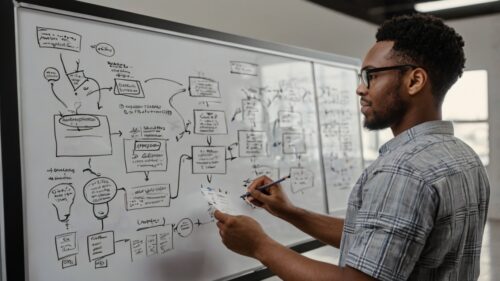 A web designer maps out a website structure on a whiteboard, including SEO elements and automation icons, symbolizing a well-optimized site.