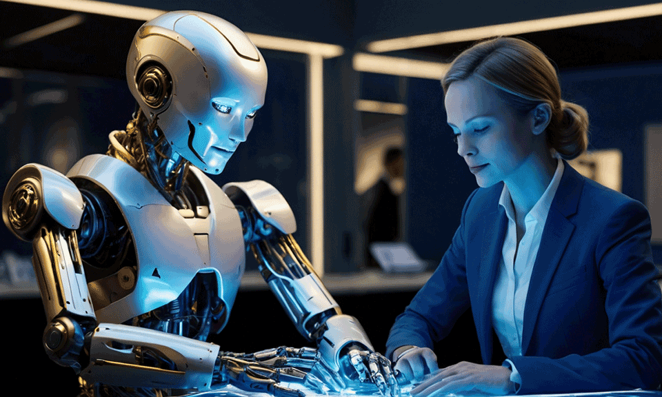 Futuristic workspace showcasing Ways AI is Replacing Designers through human-AI collaboration on digital art.